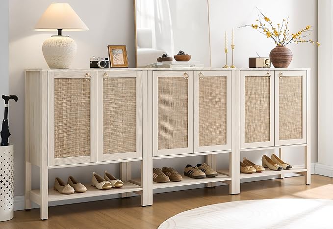 SICOTAS Shoe Cabinet with Storage - 3 Pieces Farmhouse Shoe Organizer with Rattan Doors & Shelves, 5 Tier Free Standing Shoe Rack Storage Cabinet for Entryway, Living Room, Closet (White Cream Oak) by SICOTAS