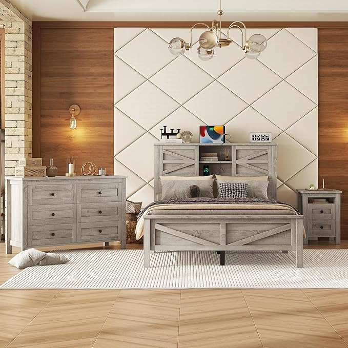 3-Pieces Bedroom Sets, Full Size Farmhouse Platform Bed with Cabinet and Nightstand, Wood Bedroom Furniture Set with Storage Headboard, No Box Spring Needed (Antique Gray/77)