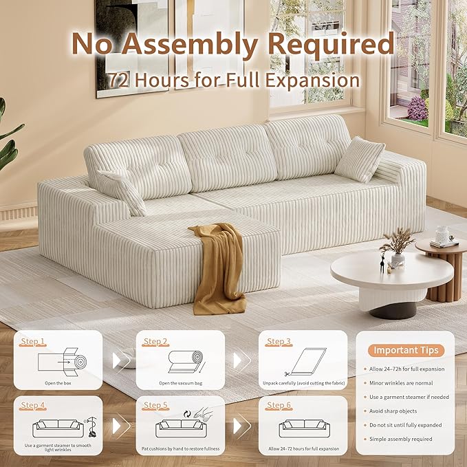 Ball & Cast 106" Cloud Modular Sectional Sofa, Boneless Corduroy Couch with Deep Seat, Comfy L-Shaped Sectional, Modern Upholstered Sofa for Living Room, No Assembly (Beige, Left Facing Chaise)