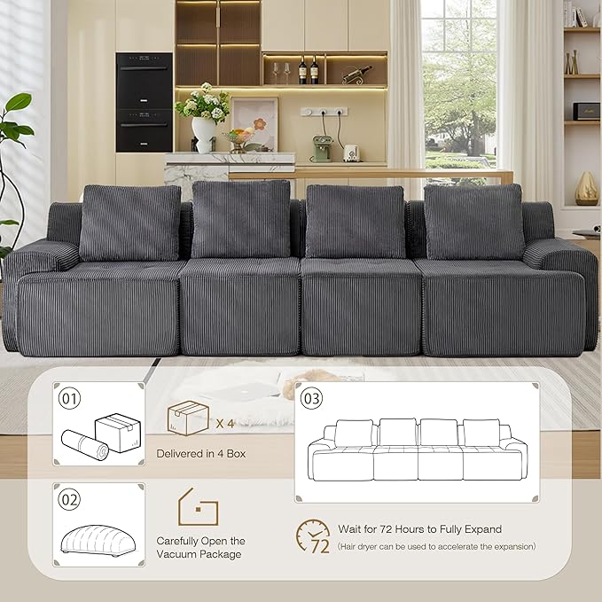Modular Sectional Sofa, 6 Seat Modular Couch, Modular Sofa with Deep Seat and Detachable Pillow (Grey, 4 Pieces-Rowshape)