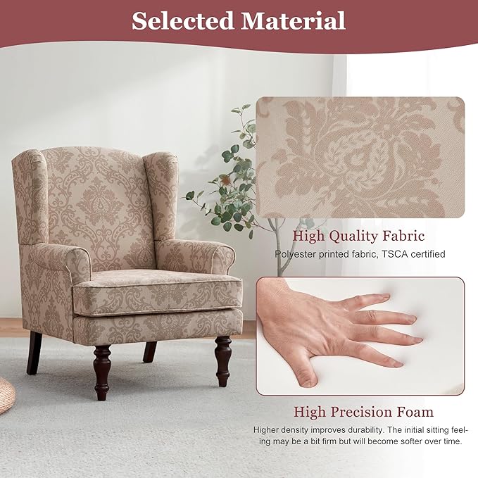 HUIMO Printed Wingback Accent Chair, Linen Upholstered High Back Armchair, Comfy Reading Chair for Living Room Bedroom Study, 300lbs Weight Capacity (1, Brown Floral)