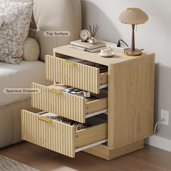 GOLDDAY Nightstand with Charging Station & LED Light, 3-Drawer Bedside Table with Outlets, Modern End Table, for Bedroom, Home Office, 1Pcs, Natural - Image 5
