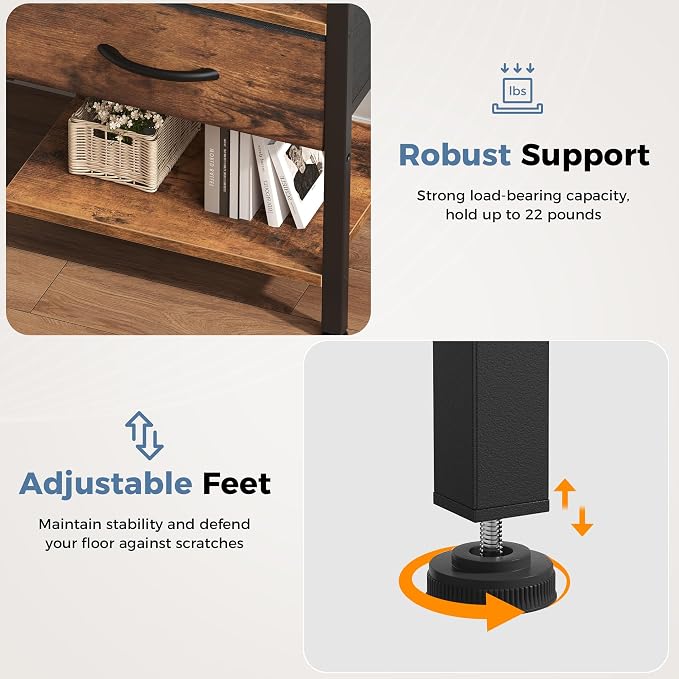 OLIXIS Nightstand with Charging Station, Bedside Tables with USB Ports and Fabric Drawer, Small Night Stand with Open Adjustable Shelf, Compact End Table for Bedroom, Rustic Brown - Image 7