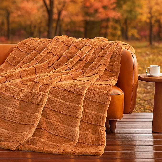 Amélie Home Luxury Striped Faux Fur Throw Blanket for Bed Queen Size, Soft Cozy Fuzzy Fluffy Plush Gift Blankets for Women, 88"x90", Brown