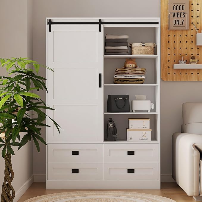 Wardrobe Closet with Sliding Barn Door, Tall Wooden Bedroom Armoire Wardrobe Closet Clothing Storage Cabinet with 4 Drawers, Adjustable Shelves and Hanging Rod, Clothes Cabinet for Bedroom, White