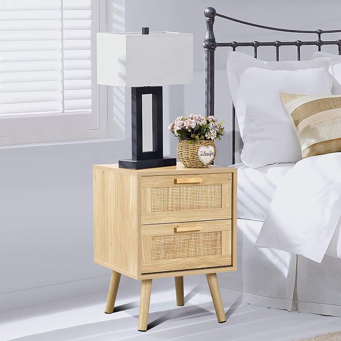 Finnhomy Nightstand, End Table, Side Table with 2 Hand Made Rattan Decorated Drawers, Wood Accent Table with Storage for Bedroom, Natural (Patented) - Image 7