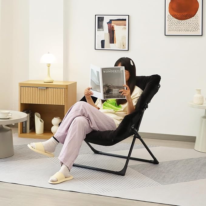 Comfy Saucer Chair for Adults, Set of 2, Soft Faux Fur Bedroom Chair, Accent Dorm Chairs, Flexible Living Room Reading Chairs, Oversized Folding Seat for Teens, X-Large, Black