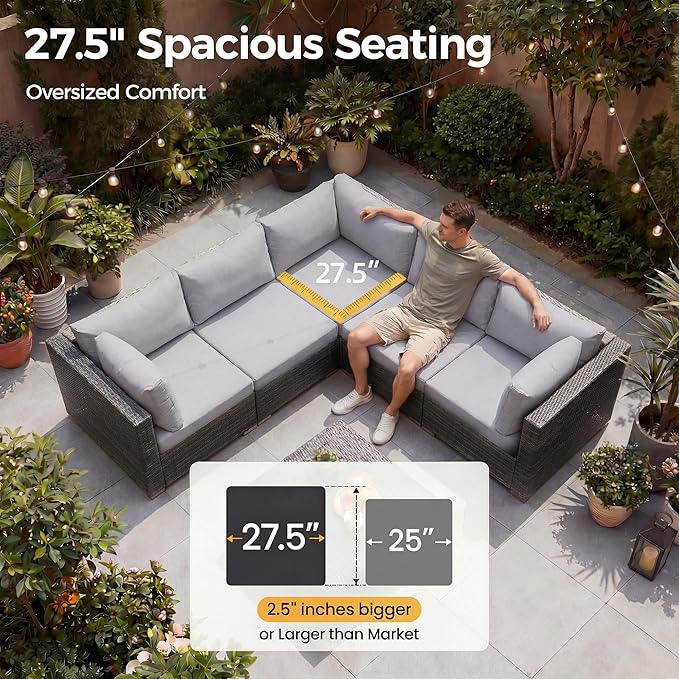 NICESOUL 9 Piece Patio Set with Firepits Natural Gas/Propane, 29.3'' High Back Comfortable L Shape Outdoor Conversations, XL Large Size Deep Seated Wicker Sectional Sofa Furniture Set, Gray