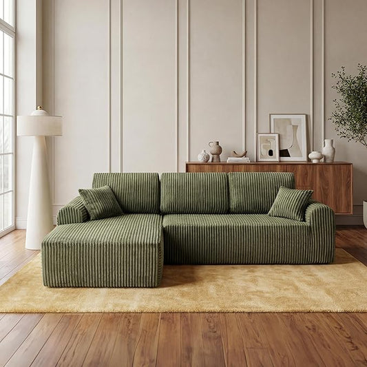 109-Inch L-Shaped Left Facing Boneless Corner Sofa 2 PCS Modular Sectional Cloud Sofa Couch with Chaise Lounge and Toss Pillow, Corduroy Boneless L-Shaped Couches