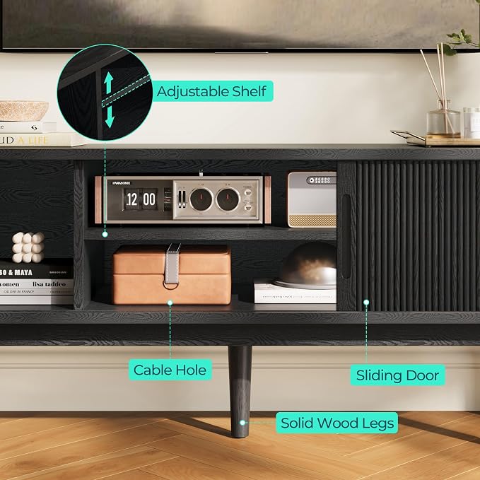 LINSY HOME 58" Fluted TV Stand for TVs up to 65 Inch, Mid Century Modern Entertainment Center with Storage Cabinet and Sliding Doors, Farmhouse Wood Media TV Console for Living Room, Bedroom, Black - Image 6
