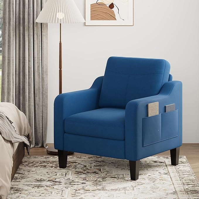 Accent Chair for Living Room Modern Linen Upholstered Armchair Side Wooden Fabric Sofa Chair with Foldable Table 2 Side Pockets Comfy Reading Chair for Bedroom