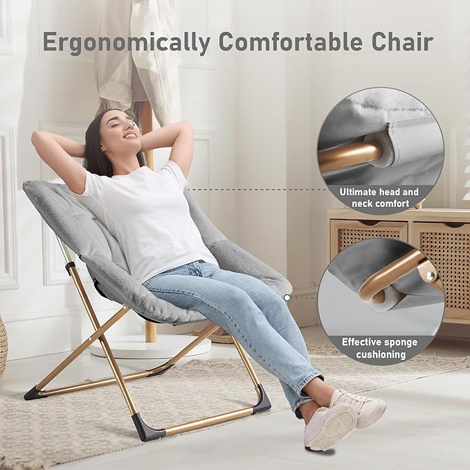 Youtanic Comfy Oversized Saucer Chair, Soft Faux Fur Reading Lounge Chair for Adults, Stable X-Large Metal Frame and Non-Slip Pad, Foldable Cozy Chairs for Bedroom, Living Room, Dorm, Light Gray