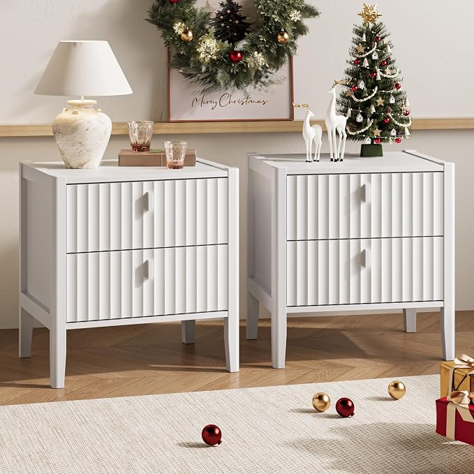 White Nightstand Set of 2, Modern Nightstand with 2 Drawers Storage, Fluted Bedside Table with Metal Handle, Wooden Night Stand for Bedroom - Image 7