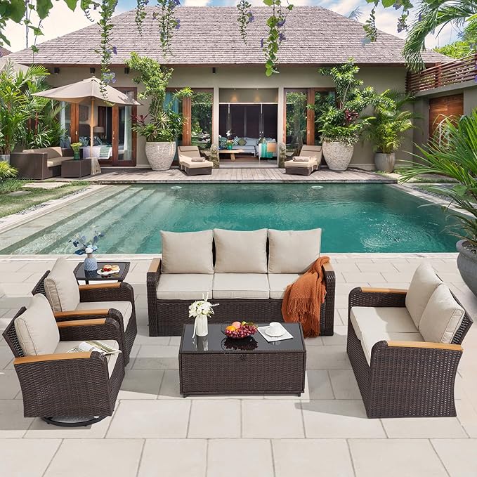 6 Pieces Patio Furniture Sets with Swivel Chairs, Wicker Outdoor Furniture Set for Porch Deck Bistro Lawn Garden Backyard Poolsid- Brown Rattan/Khaki