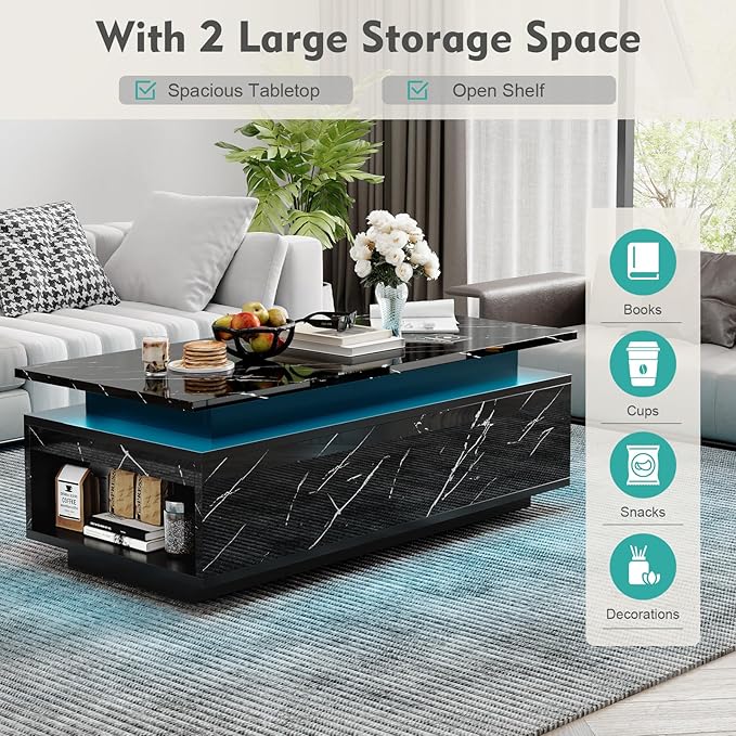 47" Modern LED Coffee Table with Wireless Charging, Bluetooth Speaker, and USB Ports, High Glossy Marble Coffee Table with Large Open 2-Tier Storage and Shelves for Living Room - Black