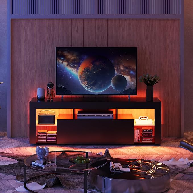 WLIVE TV Stand with LED Lights & 2 Large Storage Drawers, Modern Entertainment Center for 32/43/50/55/60 Inchs TVs, Sturdy TV Console for Living Room, Bedroom(Black) - Image 3