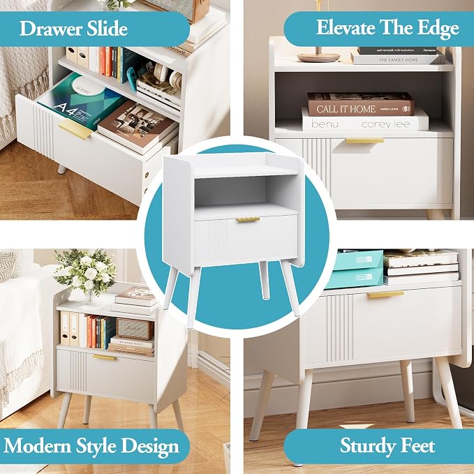 Aenuert Night Stand Modern End Table with Storage Drawer and Open Shelf, Small Bedside Table, Wooden Sofa Side Stand for Bedroom,Study Room and Small Spaces (White) - Image 7