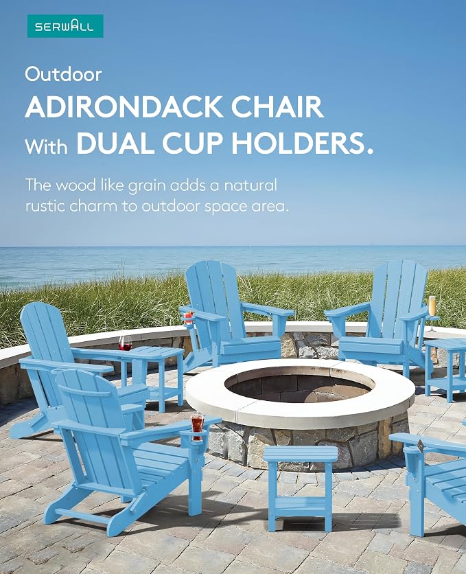 SERWALL Adirondack Chair with Cup Holders - Composite Adirondack Chairs Set of 4 HDPE Outdoor Chairs All Weather Use- Light Blue - Image 5