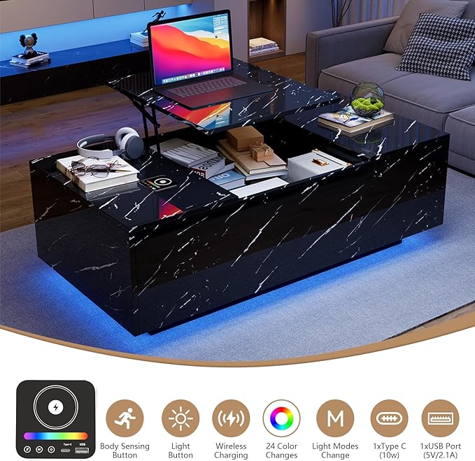 47" Modern LED Coffee Table with Lift Top, All Black Coffee Table with Storage High Gloss Surface, Hidden Storage with Drawer, Open Shelves, and Built-in Power Outlet for Living Room
