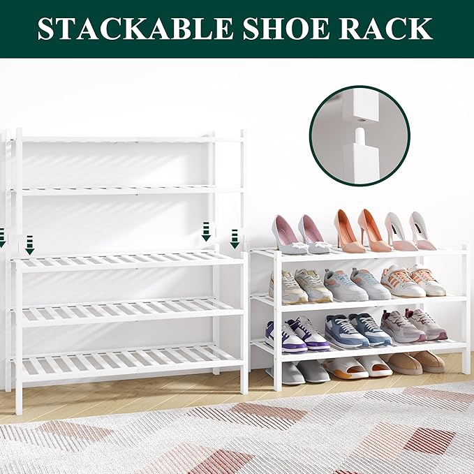 Smiry Bamboo Shoe Rack for Closet, 5 Tier Wooden Stackable Shoe Organizer, Free Standing Shoes Storage Shelf for Entryway, Front Door Entrance, White - Image 4