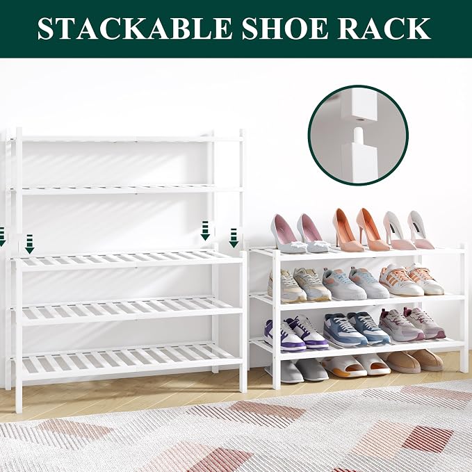 Smiry Bamboo Shoe Rack for Closet, 4 Tier Wooden Stackable Shoe Organizer, Free Standing Shoes Storage Shelf for Entryway, Front Door Entrance, White - Image 4
