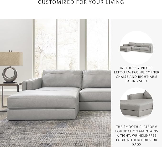 Signature Design by Ashley Amiata Modern L-Shaped Left-Arm Facing Leather Match 2-Piece Sectional with Chaise, Light Gray