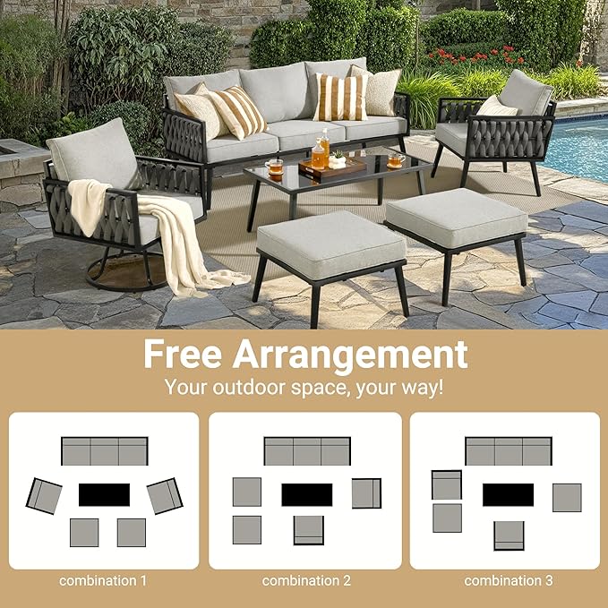 Weaxty Modern Patio Furniture Set 6 Piece, Rope Outdoor Patio Conversation Sets Sectional Sofa Swivel Chairs Table Ottoman, All Weather Metal Balcony Furniture for Backyard Garden, Light Grey