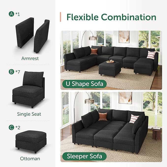 HONBAY Modular Sectional Sleeper Sofa with Storage, Modular Convertible Sectional Couch Bed Module Sleeper Couches for Living Room - Linen Grey