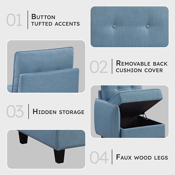 Lexicon Modern Modular One Arm Side Chair with Hidden Storage, Textured Fabric Chair with Button-Tufted Design, Reversible Back Cushion for Living Room/Bedroom/Office, Blue