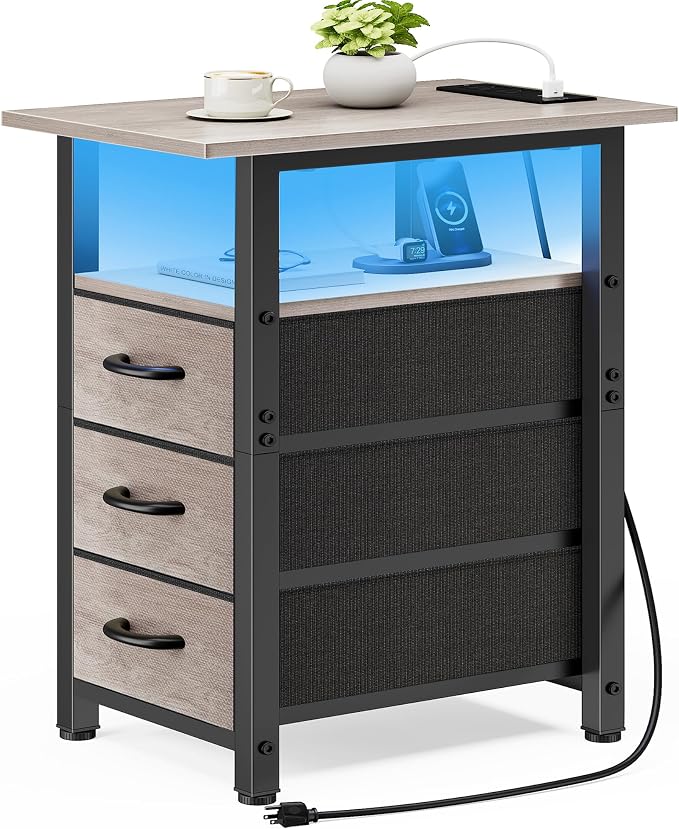 Vagusicc Nightstand with Charging Station and LED Lights, Narrow End Table, LED Night Stand with 3 Fabric Drawers for Bedroom, Small Side Table for Small Spaces, Greige by Vagusicc