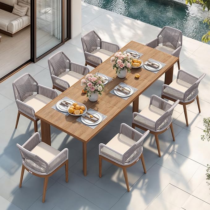 PURPLE LEAF 9 Pieces Patio Dining Set Aluminum Rectangular Table and Rattan Arm Chairs with Cushions for Kitchen Porch Garden Modern Outdoor Furniture Sets - Image 2
