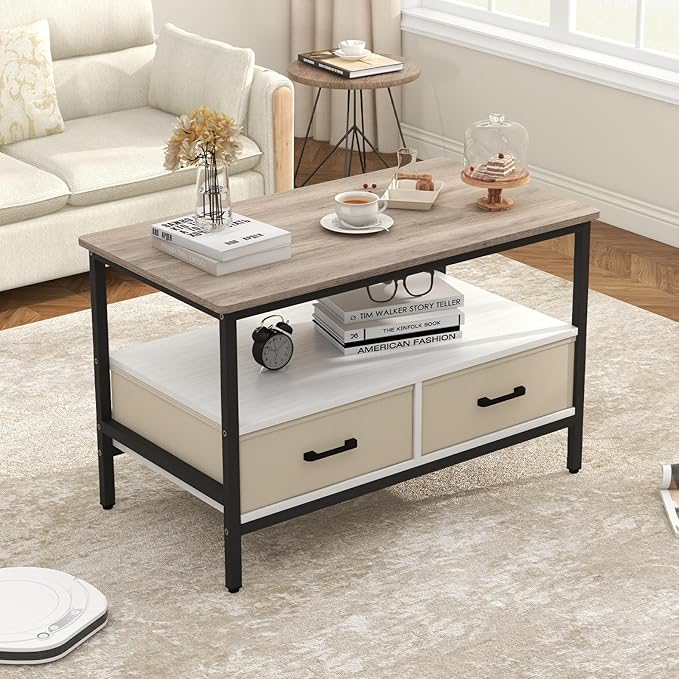 OC Orange-Casual 32" Coffee Table with Storage, 2-Tier Wood Coffee Table with Open Display Shelf & Foldable Drawers, Farmhouse Table with Metal Frame, Small Center Table for Living Room (31.5")