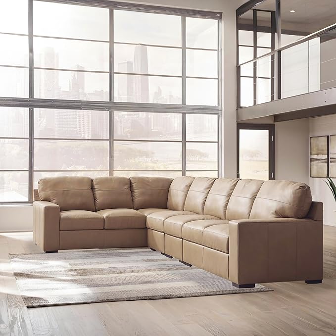 Signature Design by Ashley Bandon Modern Leather Match Left-Arm Facing 4-Piece Sectional with Removable Cushions and Armrest, Light Brown