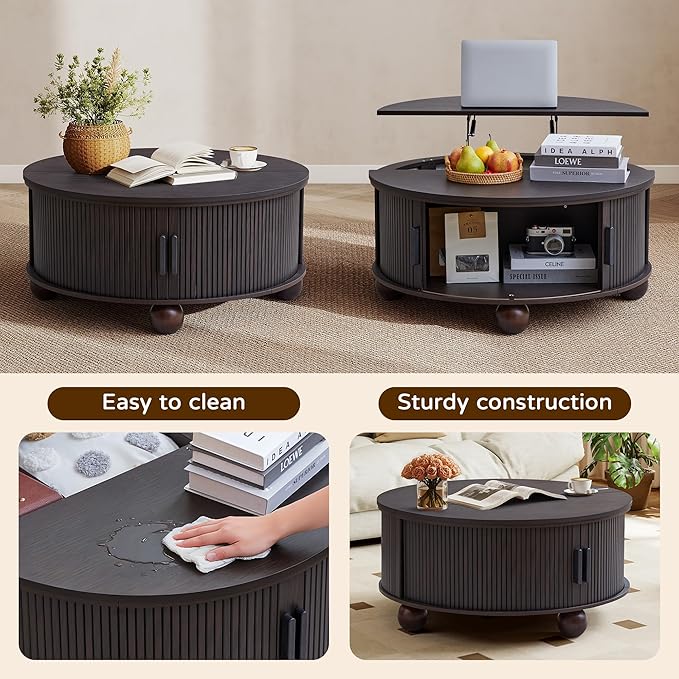 Round Lift Top Coffee Table with Hidden Storage, 33.5'' Mid-Century Modern Fluted Coffee Table with Sliding Tambour Door & Solid Wood Legs, Circle Center Table for Living Room, Small Space (Black)