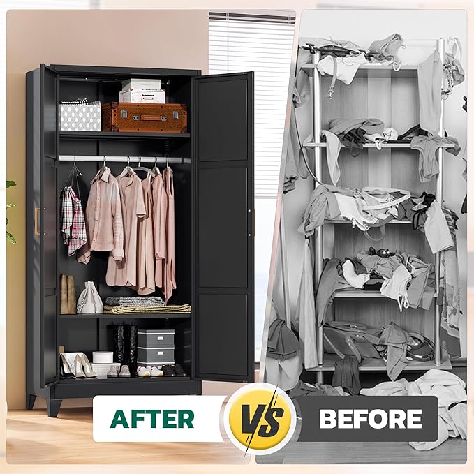 Greenvelly Metal Wardrobe Cabinet, 19" D x 34" W x 71" H Metal Wardrobe Closet with Hanging Rods and Adjustable Shelves,Clothing Storage Closet Cabinet for Bedroom, Cloak Room, Laundry Room (Black)