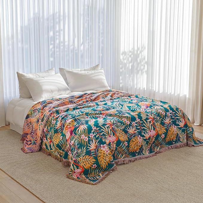 Boho Throw Blanket - 100% Cotton Ultra Soft Muslin Spring Blanket, 50"x60" Lightweight Floral Bird Framhouse Bedding Blanket for Bed, All Season Blue Bohemian Bedroom Home Decor Quilt