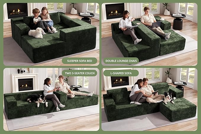 Homguava Modular Sectional Couches for Living Room,105" Cloud Couch with L-Shape Chaise,Comfy Sofa Living Room Couch with Deep Seat,No Assembly L Couch,Luxury Distressed Velvet(Green,R)