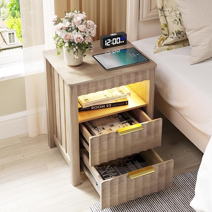Dystler Fluted Night Stand with LED Light, Nightstand with Charging Station and Gun Drawer, Modern Bedside Table with Human Sensort and Storage Shelf for Bedroom, Wood - Image 9