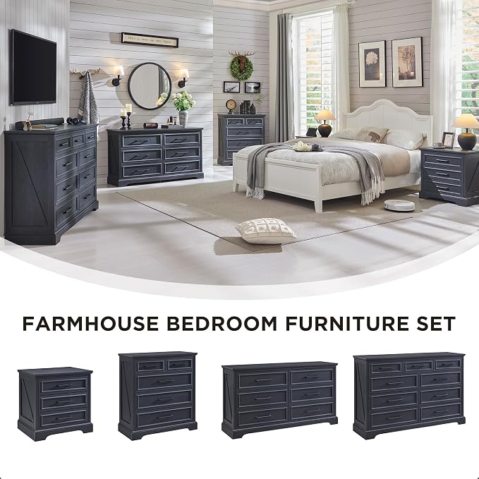 ACCOHOHO Farmhouse Nightstands Set of 2, 22 Inch Wide End Table with Charging Station & 3 Large Drawers, Rustic Wood Small Dresser Chest of Drawers for Bedroom, Living Room, Black - Image 4