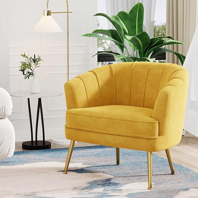 Andeworld Velvet Accent Chair Set of 2, Upholstered Modern Single Sofa Side Chair,Comfy Barrel Club Living Room Armchair with Golden Metal Legs for Bedroom Living Reading Room Office, Yellow