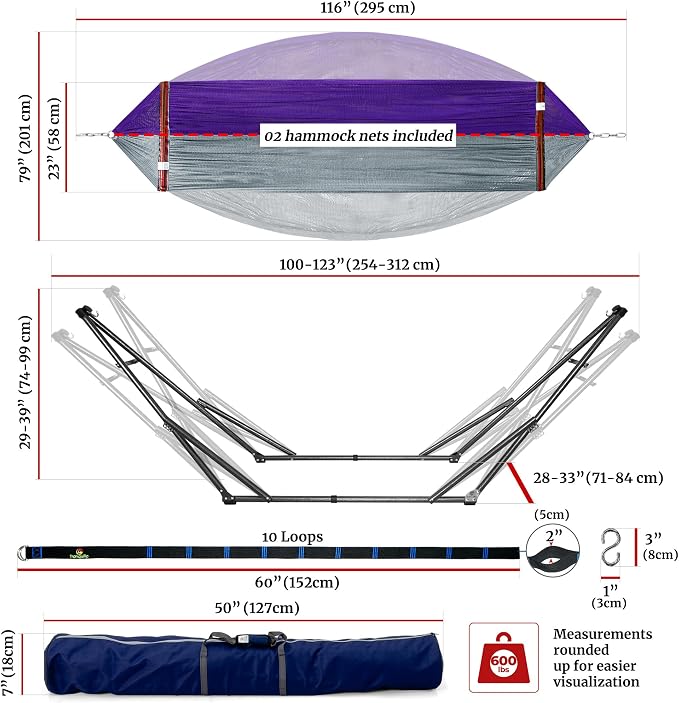 Tranquillo Combo x2 Hammocks with Stand for Outside & Tree Straps, Heavy Duty Hammock with Stand 600lbs for Indoor Outdoor Patio Backyard, x2 Hammocks for 2 Person (Combo - Purple, Medium) - Image 7
