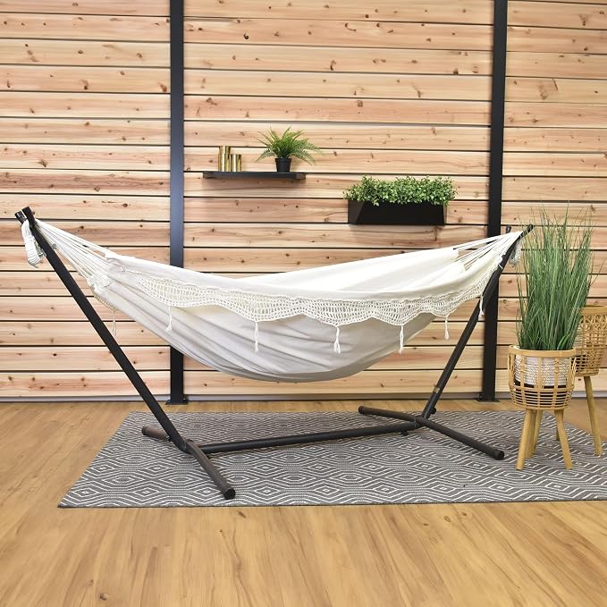 Vivere Double Cotton Hammock with Space Saving Steel Stand, Upgraded Polyester End Strings 450 lb Capacity - Premium Carry Bag Included - USA Grown Cotton (Natural) - Image 4