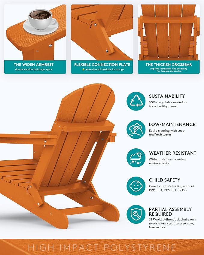 SERWALL Folding Adirondack Chair Set of 4, Weather Resistant HIPS Patio Chairs with Cup Holder for Patio Garden Outdoors Fire Pit Chairs- Orange - Image 5
