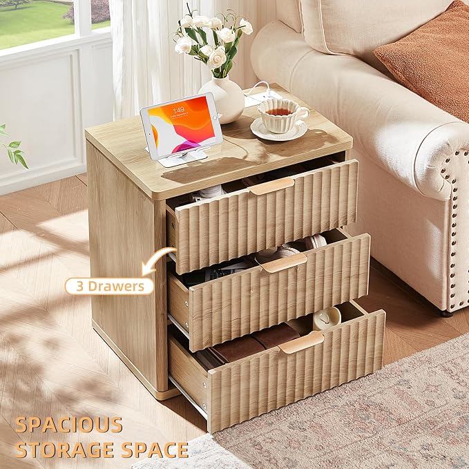 LEYAOYAO 23" Wide Fluted Farmhouse Night Stand Set of 2 with Charging Station, 3 Drawers Large End Table w/Metal Handle, Natural Nightstand Bedside Table,Wood Dresser for Bedroom, Closet - Image 4