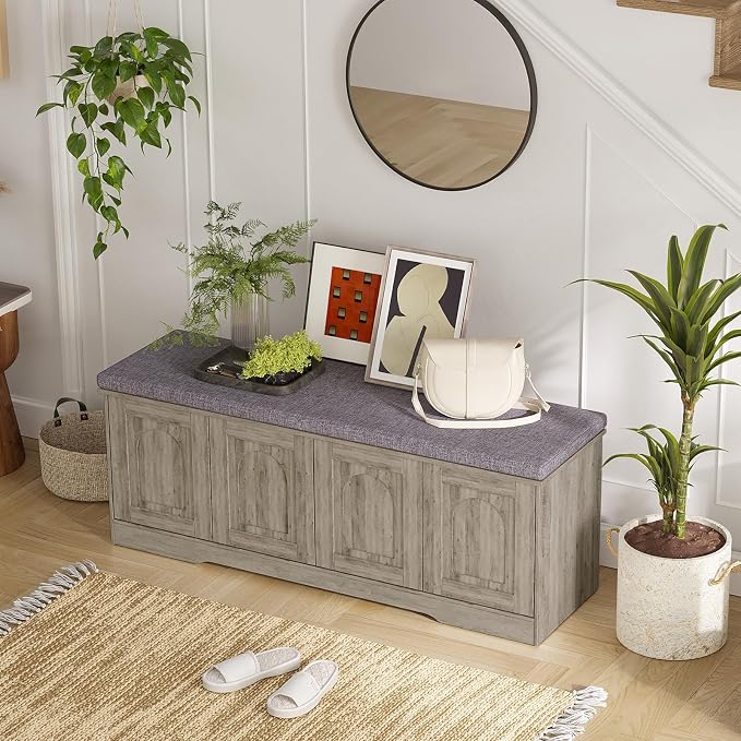 DINZI LVJ Shoe Bench, Entryway Storage Bench with Doors, Cushion, 2-Tier Shoe Rack with 8-Cubby, 47.2”L x 13.8”W Shoe Organizer Cabinet, Adjustable Shelf, Living Room, Bedroom, Gray Wash - Image 7