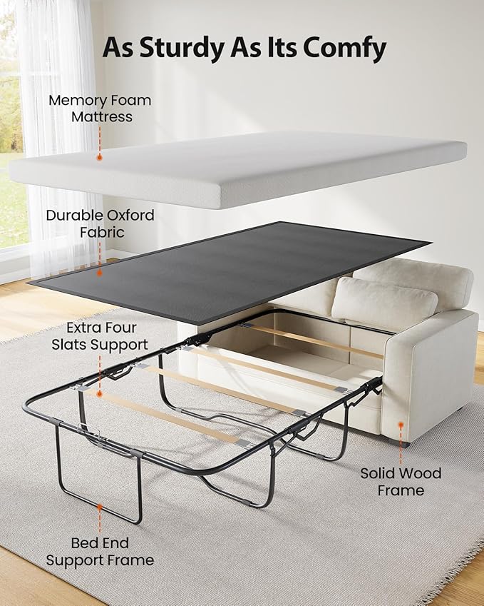 Marsail Pull Out Sofa Bed, Queen Size Sleeper Sofa with Memory Foam Mattress, 2 USB Charging Ports & Removable Covers, Chenille Loveseat Couch for Living Room, Apartment, Pure White