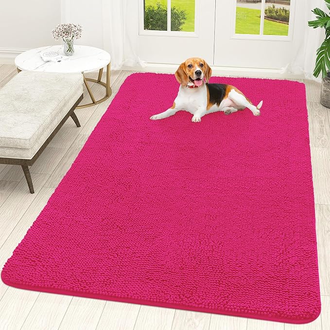 OLANLY Dog Door Mat for Muddy Paws 70x46, Absorbs Moisture and Dirt, Absorbent Non-Slip Washable Doormat, Quick Dry Chenille Mud Mat for Dogs, Entry Indoor Entryway Carpet for Inside Floor, Hot Pink by OLANLY