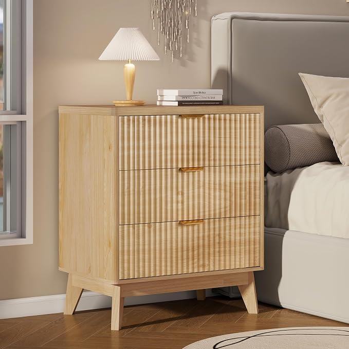 LYNCOHOME Fluted Night Stand with 3 Drawers, Modern Wood Chest of Bedside Table with Curved Profile, Fluted Dresser Organizer for Bedroom by LYNCOHOME