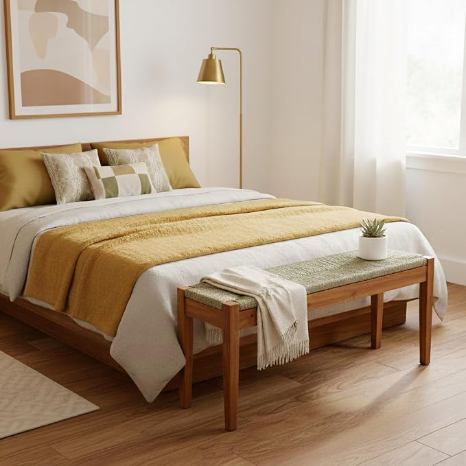 Solid Wood Acacia Indoor Bench with Natural Woven Seat, 45 Inch Wood Bench for Living Room or Entryway, Bedroom End of Bed Bench or Dining Benches, Window Bench - Image 7