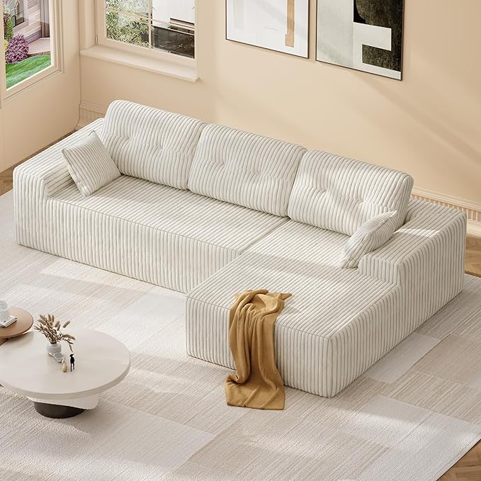 Ball & Cast 106" Modular Sectional Sofa,Cloud Corduroy Couch with Deep Seat,Boneless L-Shaped Sectional,Modern Comfort Upholstered Sofa for Living Room,No Assembly Required (Beige,Right Facing Chaise)